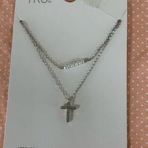 Time and Tru Silver Layered Cross Necklace with Bead Accent